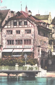 Postcard of the historic Gasthaus zu Pfistern, a decorated guild house on the Reuss in Lucerne,