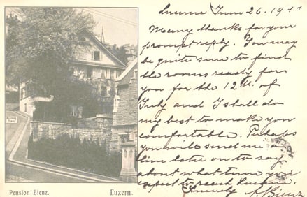 Postcard showing the Pension Bienz guesthouse on a street corner in Lucerne, Switzerland, c. 1911.