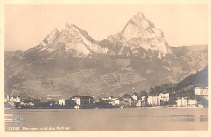 Postcard view of Brunnen and the Mythen mountains from across Lake Lucerne, Switzerland c. 1911 era.