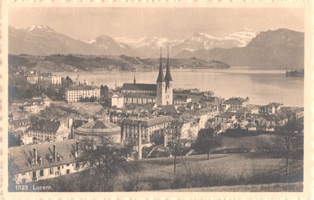 Postcard with panoramic view of Lucerne, Switzerland, Hofkirche, Lake Lucerne, and Swiss Alps 1911