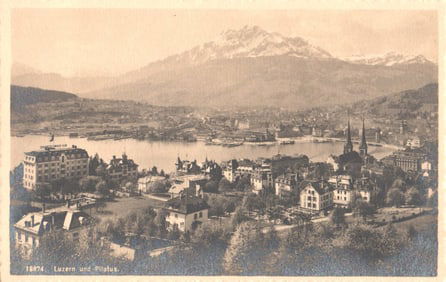 Postcard showing a panoramic view of Luzern (Lucerne), Switzerland with Lake Lucerne and Mount