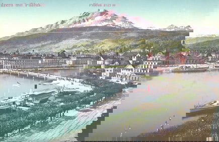 Postcard showing the waterfront of Lucerne, Switzerland, with Chapel Bridge and Mount Pilatus view.