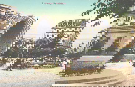 Postcard of Luzern's Kurplatz in Switzerland showing the concert bandshell and Hotel National