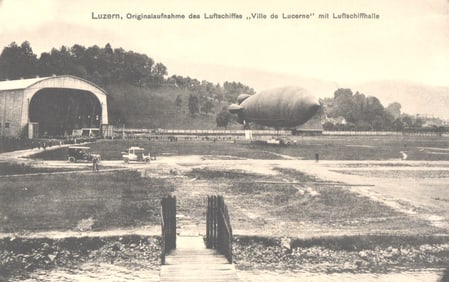 Postcard showing the airship 'Ville de Lucerne' and its large hangar in Luzern, Switzerland c.1911