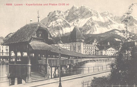 Postcard of Luzern, Switzerland showing the historic Kapellbrücke with Mount Pilatus in the