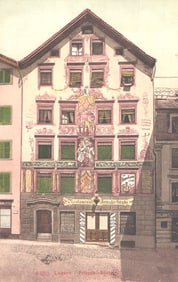 Postcard of the Restaurant Fritschi-Stube's ornate, frescoed facade in Lucerne, Switzerland, c.