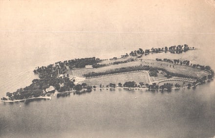 Postcard showing an aerial view of Association Island in Henderson Harbor, New York circa 1940s.