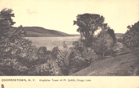 Raphael Tuck & Sons postcard showing Kingfisher Tower at Pt. Judith on Otsego Lake, Cooperstown, NY