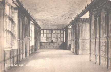 Postcard showing the Long Gallery interior at Haddon Hall, Bakewell, England. Raphael Tuck & Sons.