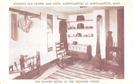 Postcard showing the Shaker Room at Wiggins Old Tavern & Hotel Northampton, Massachusetts c. 1930s.