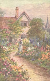 Raphael Tuck & Sons Oilette postcard showing a woman tending her flowers in an English cottage