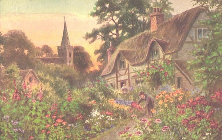 Raphael Tuck & Sons "Oilette" postcard from the Cottage Gardens series, a country home & church.