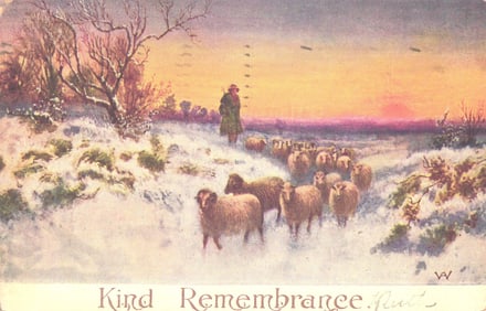 Valentine's Artotype Series postcard of a shepherd & flock in a snowy winter scene at sunset c.