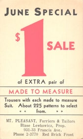 Postcard advertising a June Special $1 Sale at Mt. Pleasant Furriers & Tailors, Blase Lewkowicz.