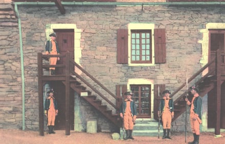 Postcard showing colonial soldiers at the Ethan Allen Stairway, West Barracks, Fort Ticonderoga, NY.