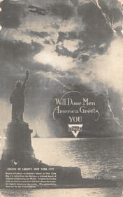 WWI Soldier's Mail postcard by the YMCA showing the Statue of Liberty greeting returning troops.