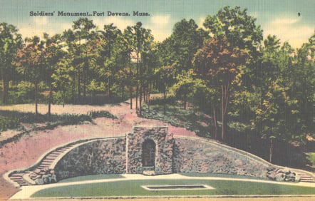 Linen postcard of the Soldiers' Monument with stone wall and steps at Fort Devens, Massachusetts.