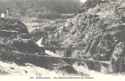 Postcard showing the Maienreussbrücken bridges on the Gotthardbahn near Wassen, Switzerland c.1911