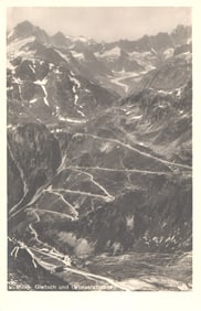 Switzerland postcard featuring a dramatic view of the Grimsel Pass road above the village of