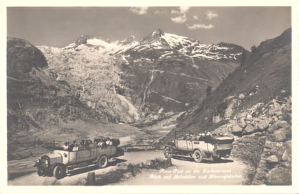 RPPC of early Auto-Post tour buses on the Furka Pass road, Belvédère and Rhône Glacier, Swiss