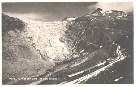 RPPC Real Photo Postcard of the Furkabahn railway train near the expansive Rhone Glacier, Swiss