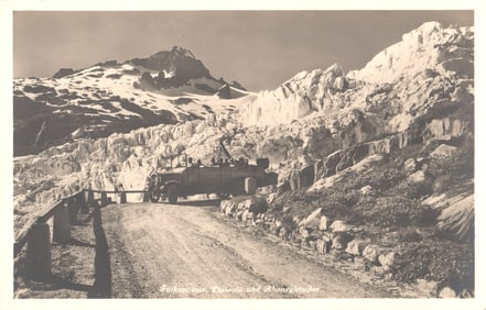 RPPC Postcard of an early Postauto bus traversing the Furkastrasse with the Rhonegletscher, Swiss