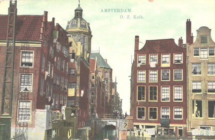 Postcard view of the O. Z. Kolk canal with classic architecture in historic Amsterdam, Netherlands.
