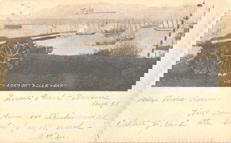 Postcard of the cannon at Fort Allen Park overlooking the harbor sailboats in Portland, Maine c.