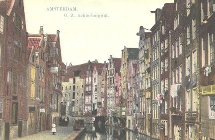 Early 1900s postcard featuring a view of the O.Z. Achterburgwal canal in Amsterdam, Netherlands.
