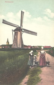 Artochrom postcard of Molenzicht, Netherlands, showing women and child by a windmill, c. 1911.