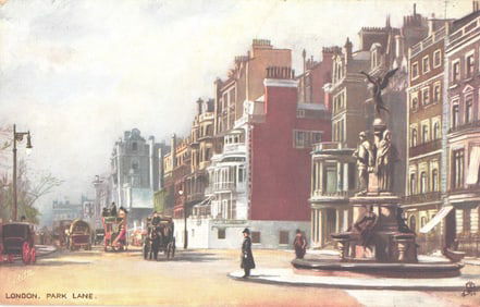 Raphael Tuck & Sons Oilette postcard of Park Lane, London, with horse-drawn carriages and fountain.