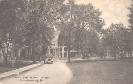 Postcard view of Main Hall and grounds at Wilson College in Chambersburg, PA, circa early 1920s.