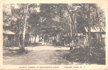 Postcard view of the Rustic Camps and wooded path in Smithern's Park, Yankee Lake, New York, c.