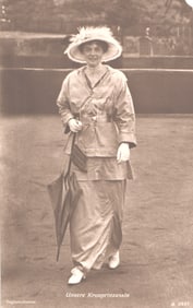 RPPC Real Photo Postcard of Germany's Crown Princess Cecilie in fashionable Edwardian era dress.