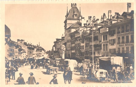Postcard of the bustling Marktplatz street scene in Bern, Switzerland with horse-drawn carts circa