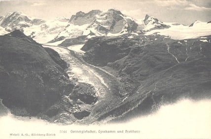Postcard view of the Gorner Glacier, Lyskamm and Breithorn mountains in the Swiss Alps, ca. 1910s