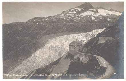 Early 1900s postcard of Hotel Belvédère and the Rhonegletscher from Furkastrasse, Switzerland.