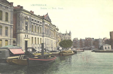 Postcard view of the Nederlandsche Bank building on the Rokin canal with boats, Amsterdam, c. 1905.