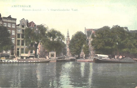 Early 1900s postcard of Amsterdam's Binnen-Amstel canal & 's Gravelandsche Veer with moored boats