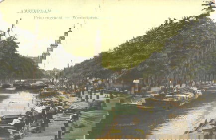 Postcard showing the Prinsengracht canal in Amsterdam with boats and the Westertoren, circa 1910s.
