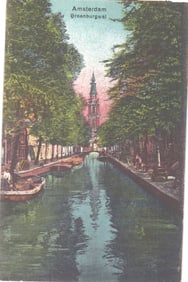 Postcard showing the Groenburgwal canal with a view of the Zuiderkerk church tower, Amsterdam c.1904