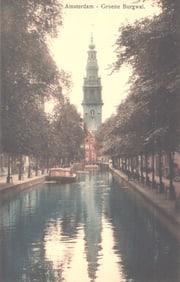 Postcard showing a scenic view of the Groene Burgwal canal and Zuiderkerk tower in Amsterdam, 1911.