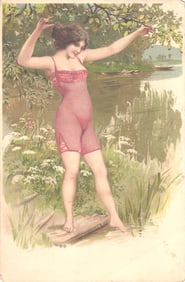 Chromolithograph postcard of an Edwardian era beauty in a pink corset bathing suit by the water.