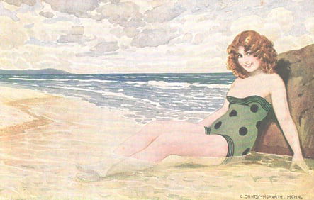 Artist C. Orntsi-Horváth postcard of a woman on a beach in a green polka dot bathing suit.