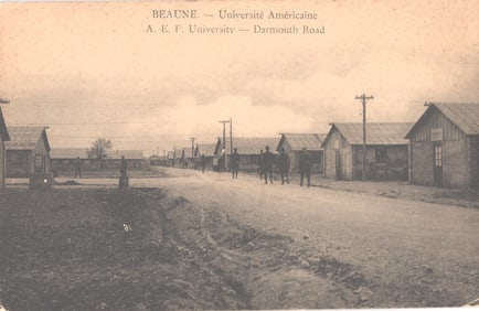 Postcard showing soldiers on Darmouth Road at the A.E.F. University campus in Beaune, France c.