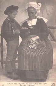 Postcard showing Breton customs, a woman in traditional costume teaching a boy, 'The little