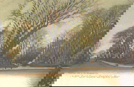 Postcard view of Court Square in Springfield, Massachusetts, showing large trees and historic