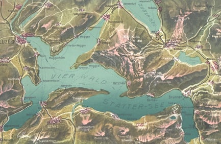Postcard showing a detailed map of Vierwaldstättersee (Lake Lucerne) in Switzerland, circa 1910s.
