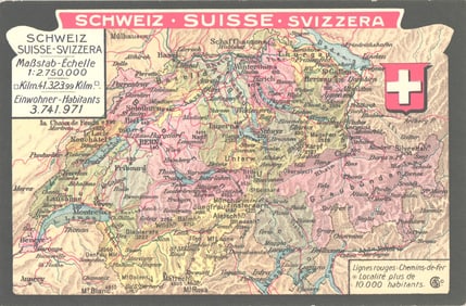 Postcard with a detailed map of Switzerland showing cities, railways, and population data circa