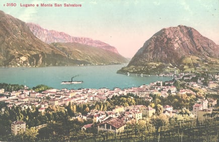 Postcard showing the city of Lugano on Lake Lugano and Monte San Salvatore, Switzerland c. 1910s